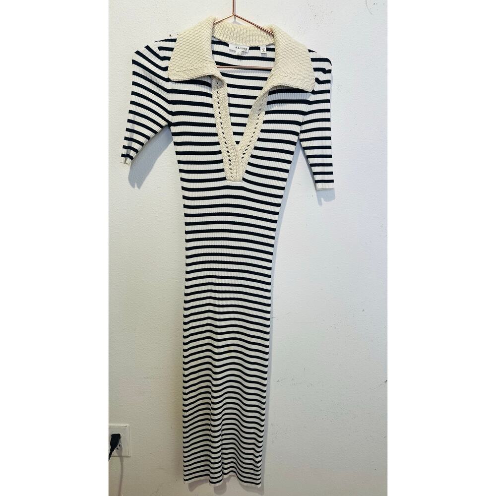 A.L.C. Black White Stripe Knit Collared Polo Striped Midi Darcy Dress Size XS - Picture 3 of 12
